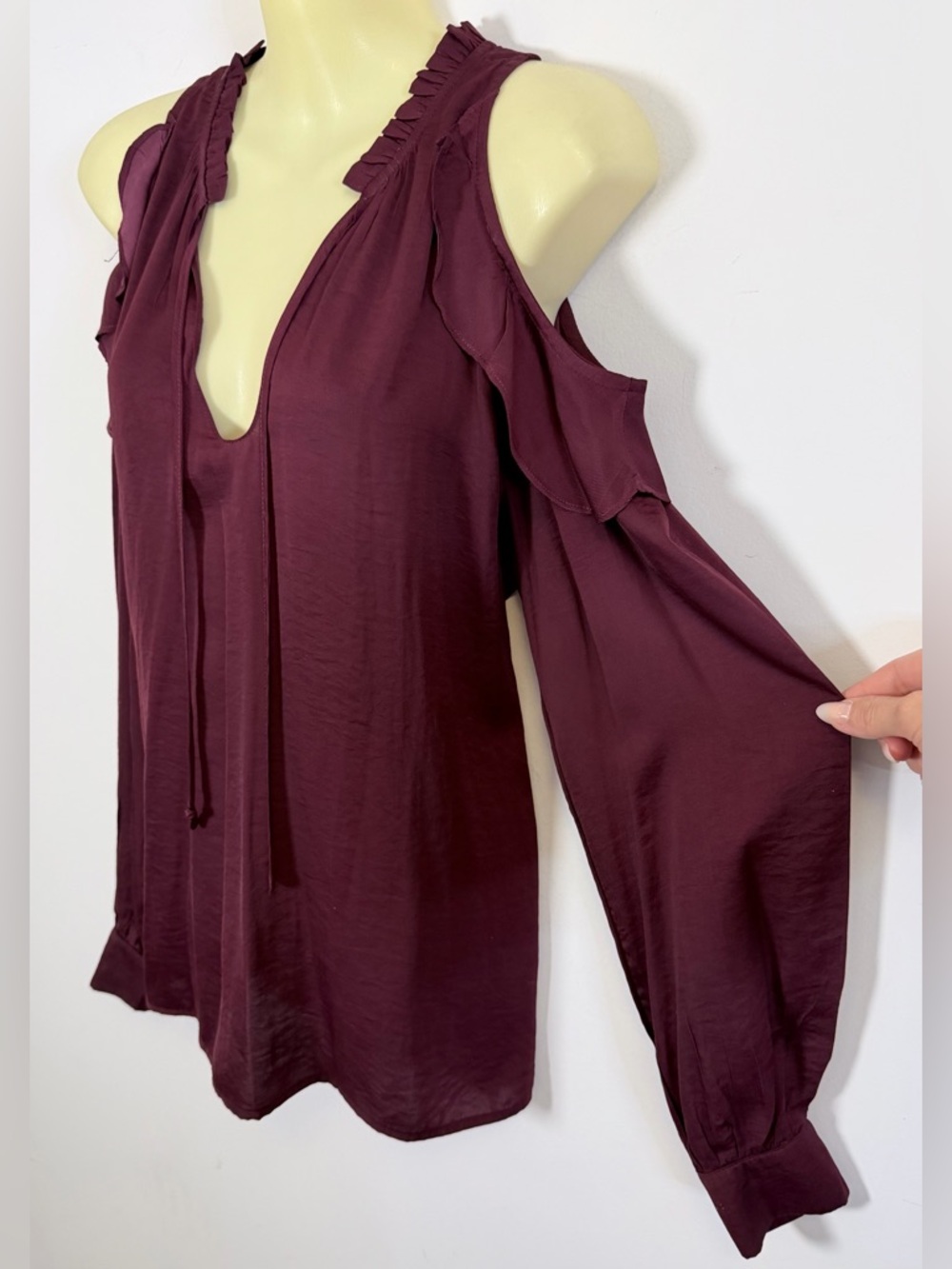 Miss Me Cold-Shoulder Ruffle Tie-Neck Blouse - Plum